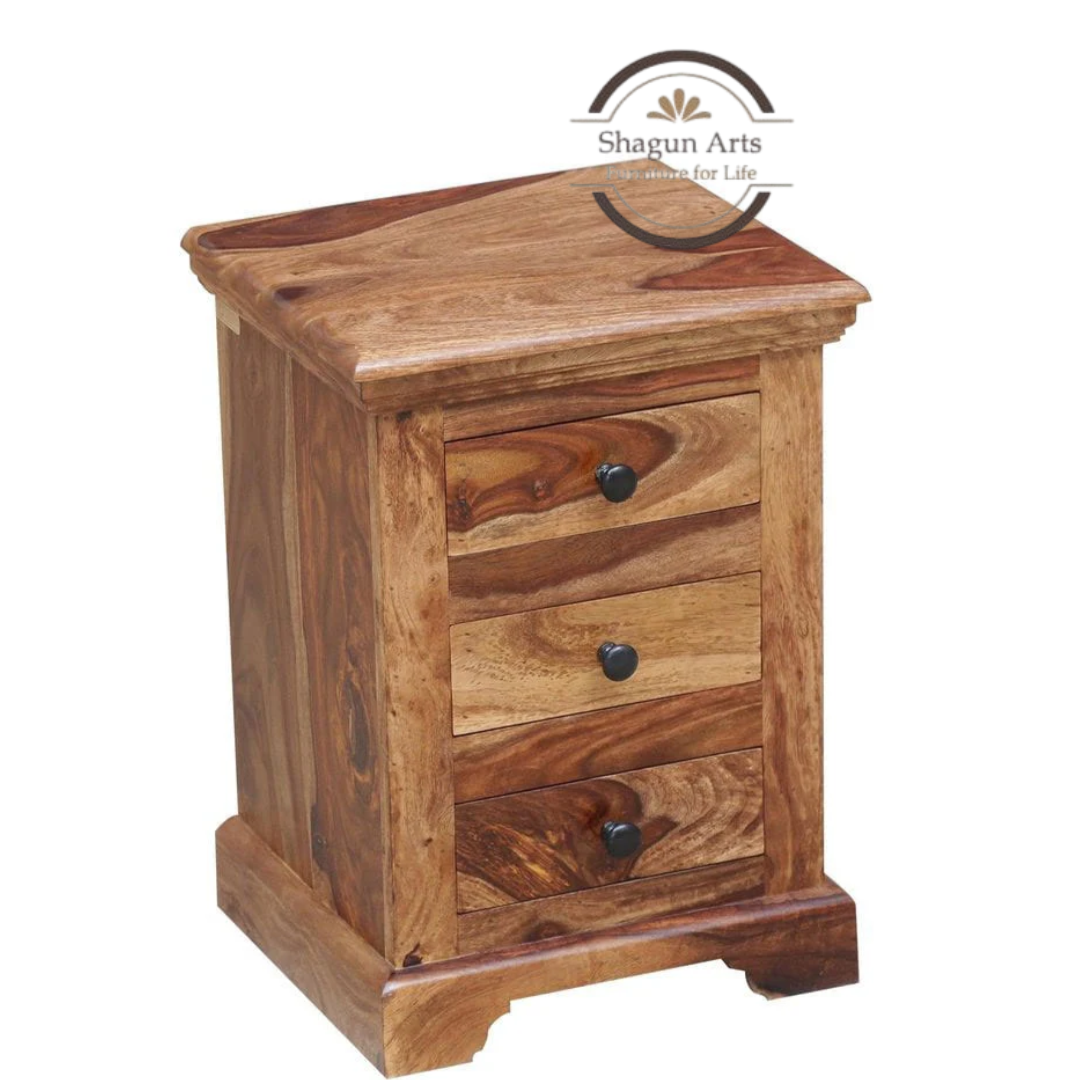 Solid Sheesham Wood 3 Drawer Bedside Table | Wooden Nightstand with Storage | Natural Finish