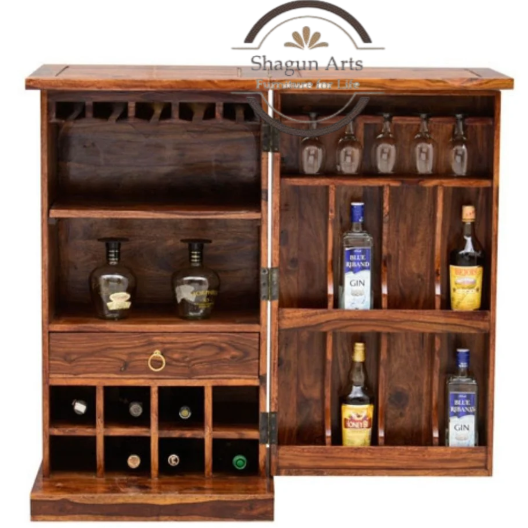 Eamon Solid Sheesham Wood Cabinet with Bottle & Glass Storage