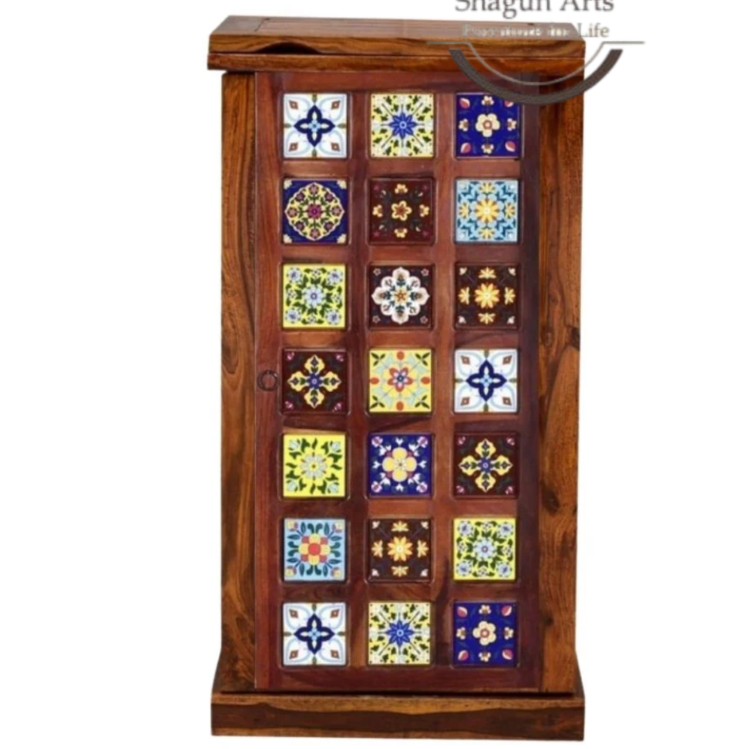 Eamon Solid Sheesham Wood Cabinet with Bottle & Glass Storage