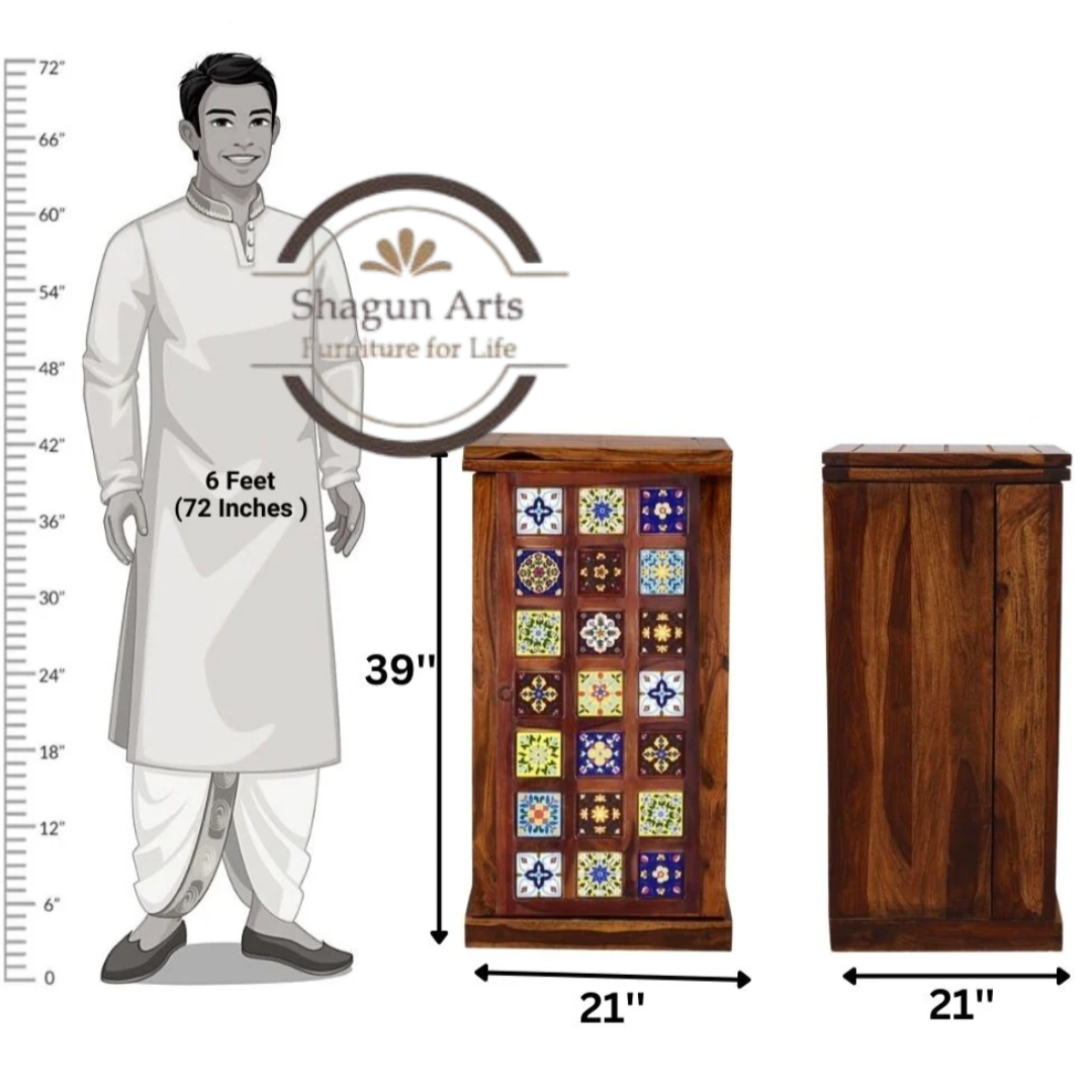Eamon Solid Sheesham Wood Cabinet with Bottle & Glass Storage