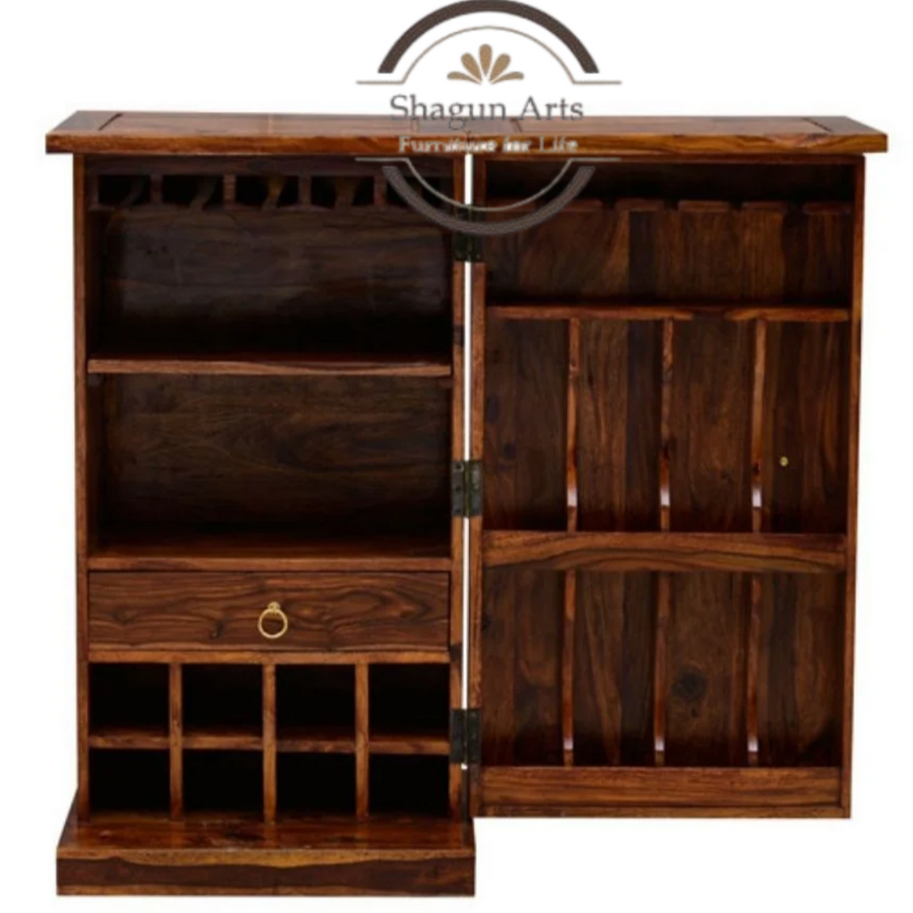 Eamon Solid Sheesham Wood Cabinet with Bottle & Glass Storage