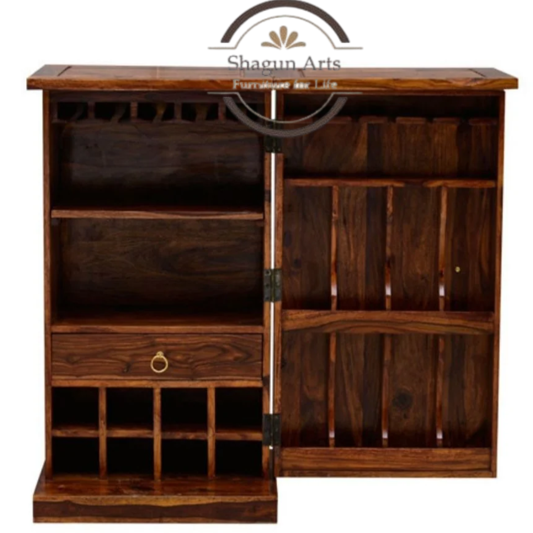 Eamon Solid Sheesham Wood Cabinet with Bottle & Glass Storage