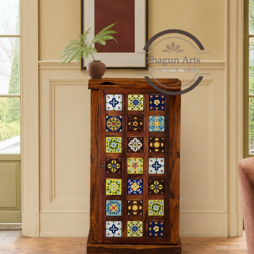 Eamon Solid Sheesham Wood Cabinet with Bottle & Glass Storage