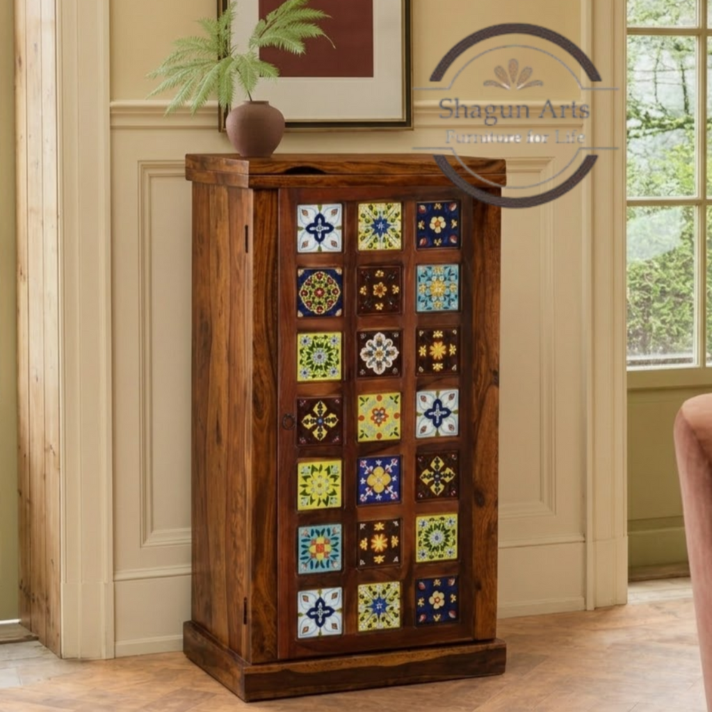 Eamon Solid Sheesham Wood Cabinet with Bottle & Glass Storage