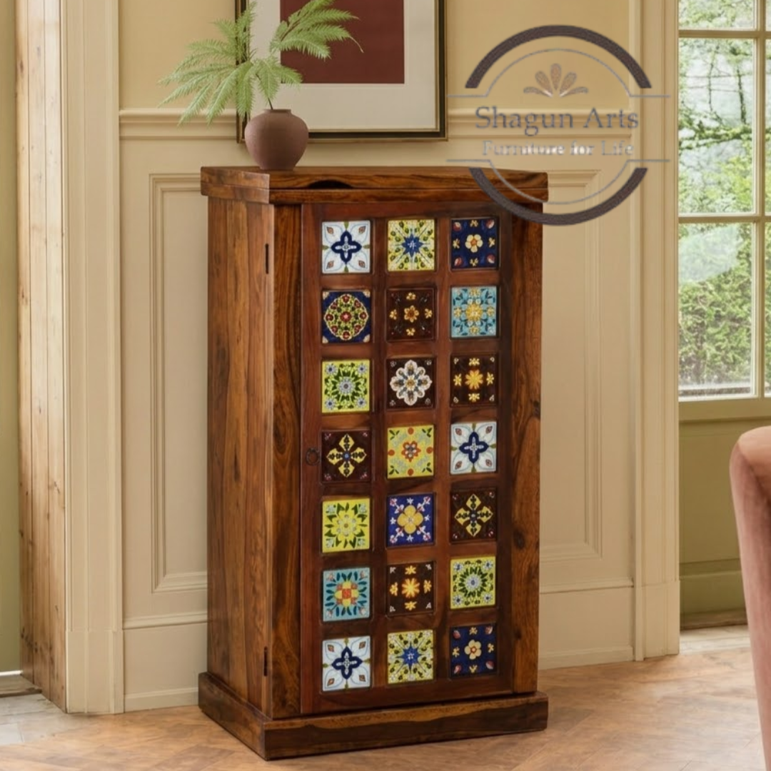 Eamon Solid Sheesham Wood Cabinet with Bottle & Glass Storage