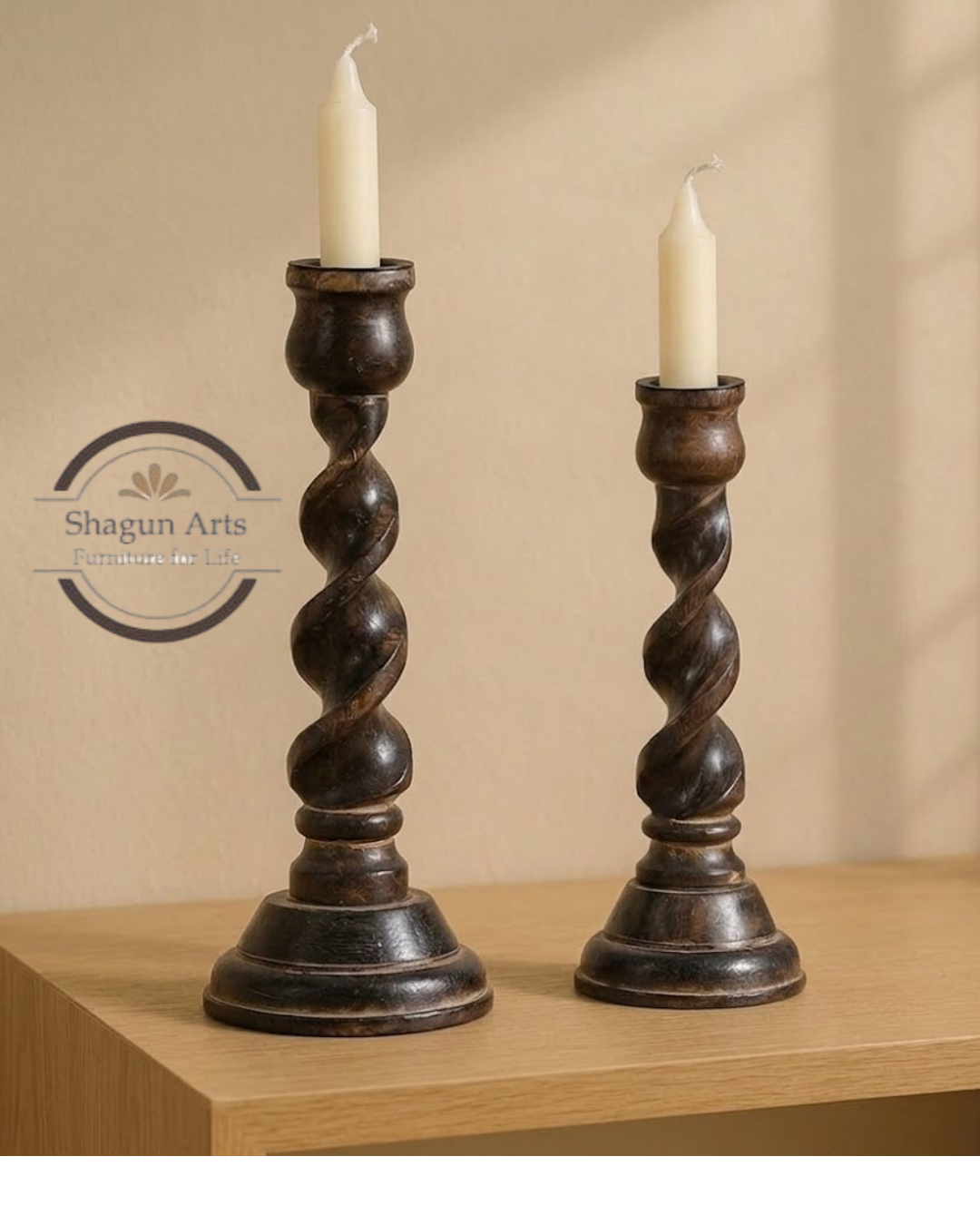 Handcrafted Twisted Wooden Candle Holder Set