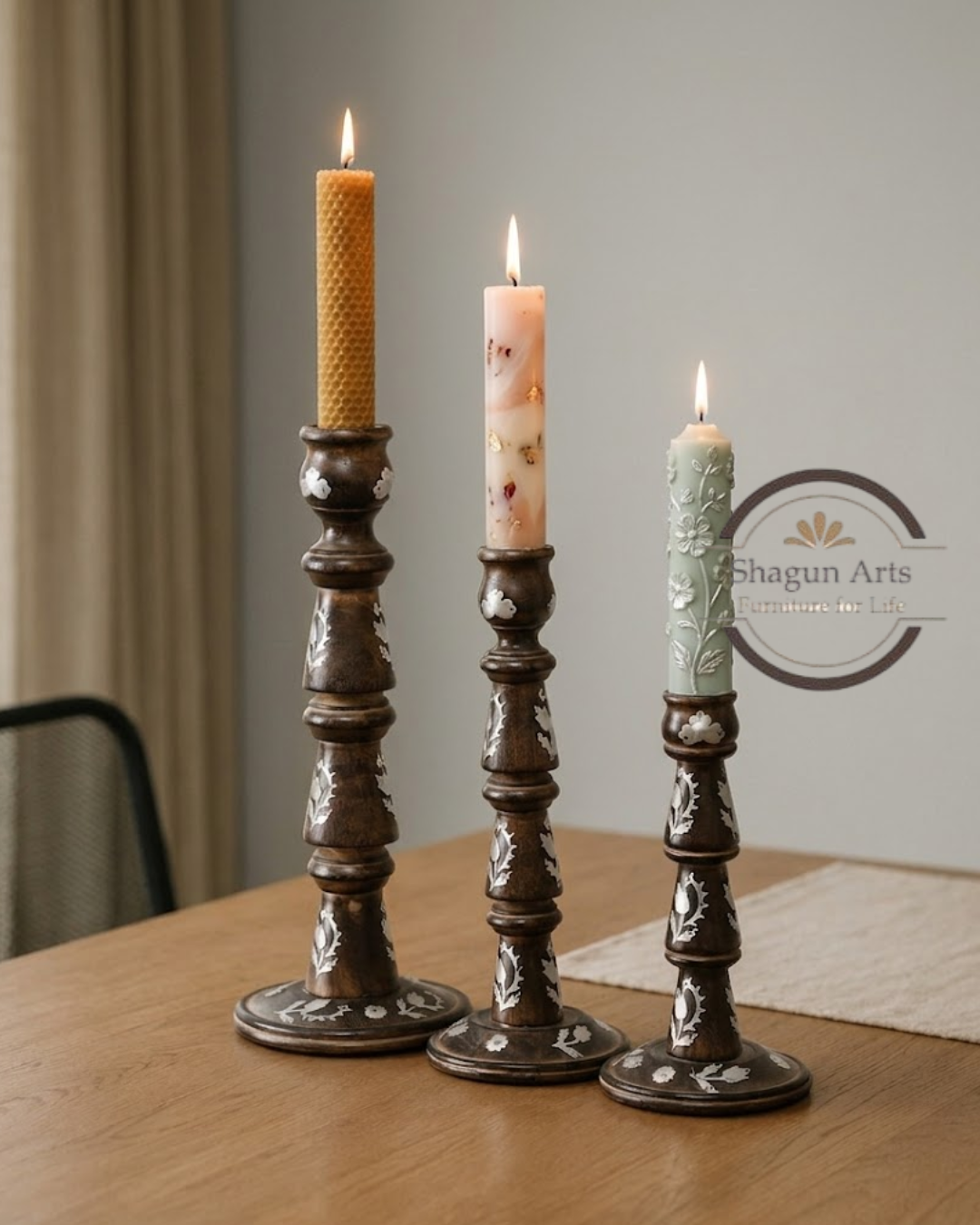 Handcrafted Wooden Decorative Candle Stand Set