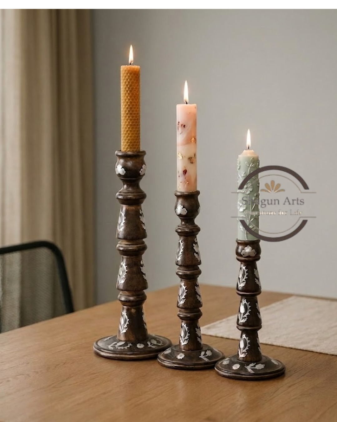 Handcrafted Wooden Decorative Candle Stand Set