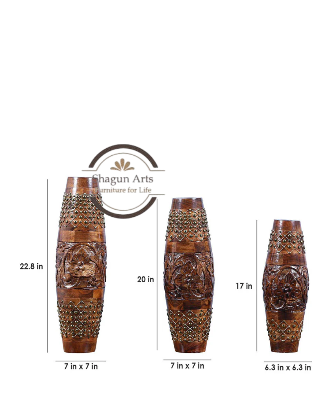 Handcrafted Wooden Decorative Vase Set with Floral Carving
