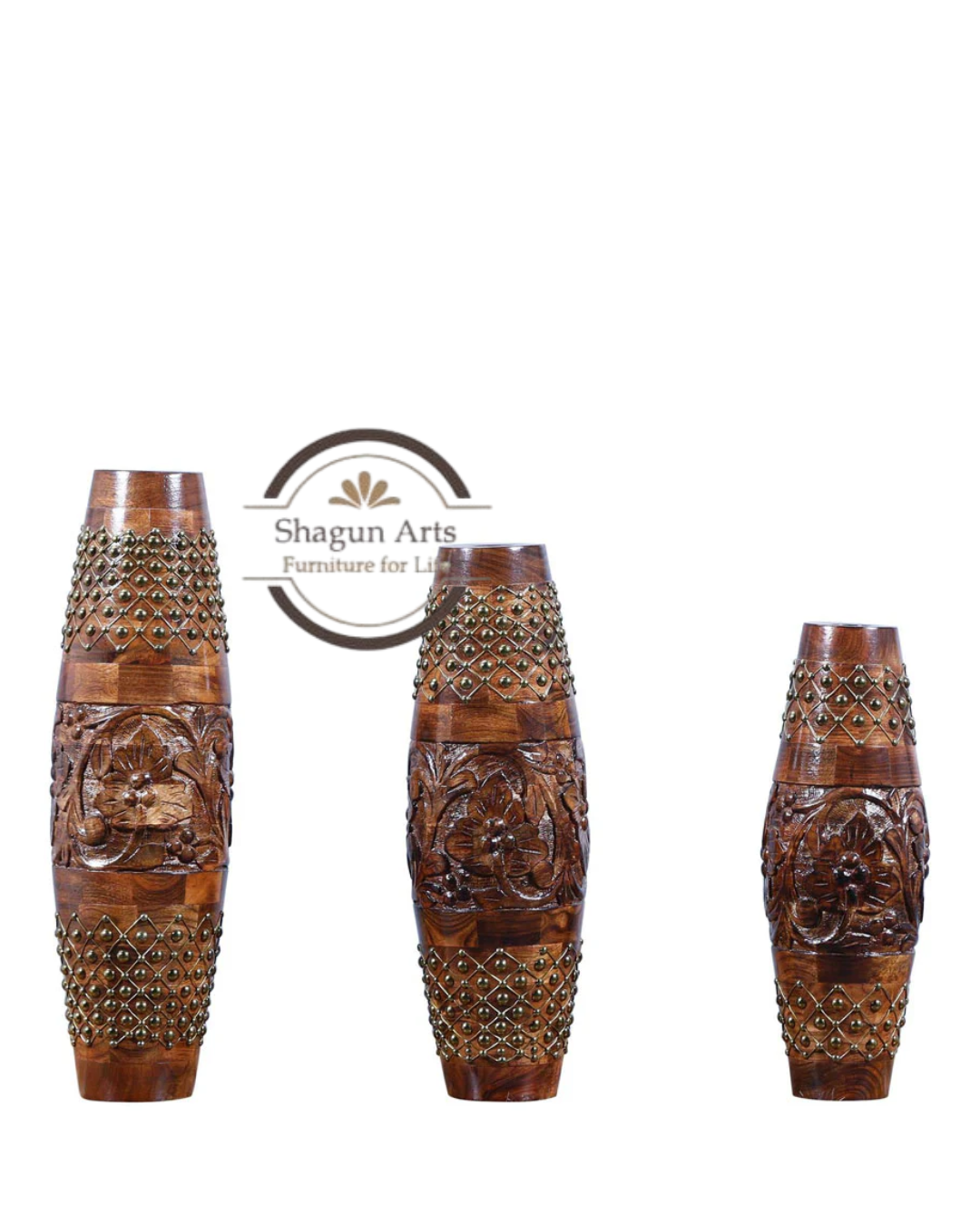 Handcrafted Wooden Decorative Vase Set with Floral Carving