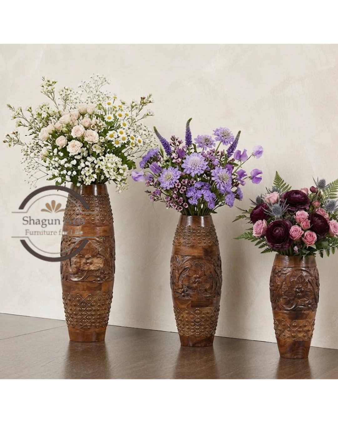Handcrafted Wooden Decorative Vase Set with Floral Carving