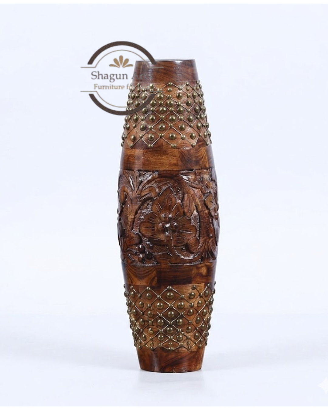 Handcrafted Wooden Decorative Vase Set with Floral Carving