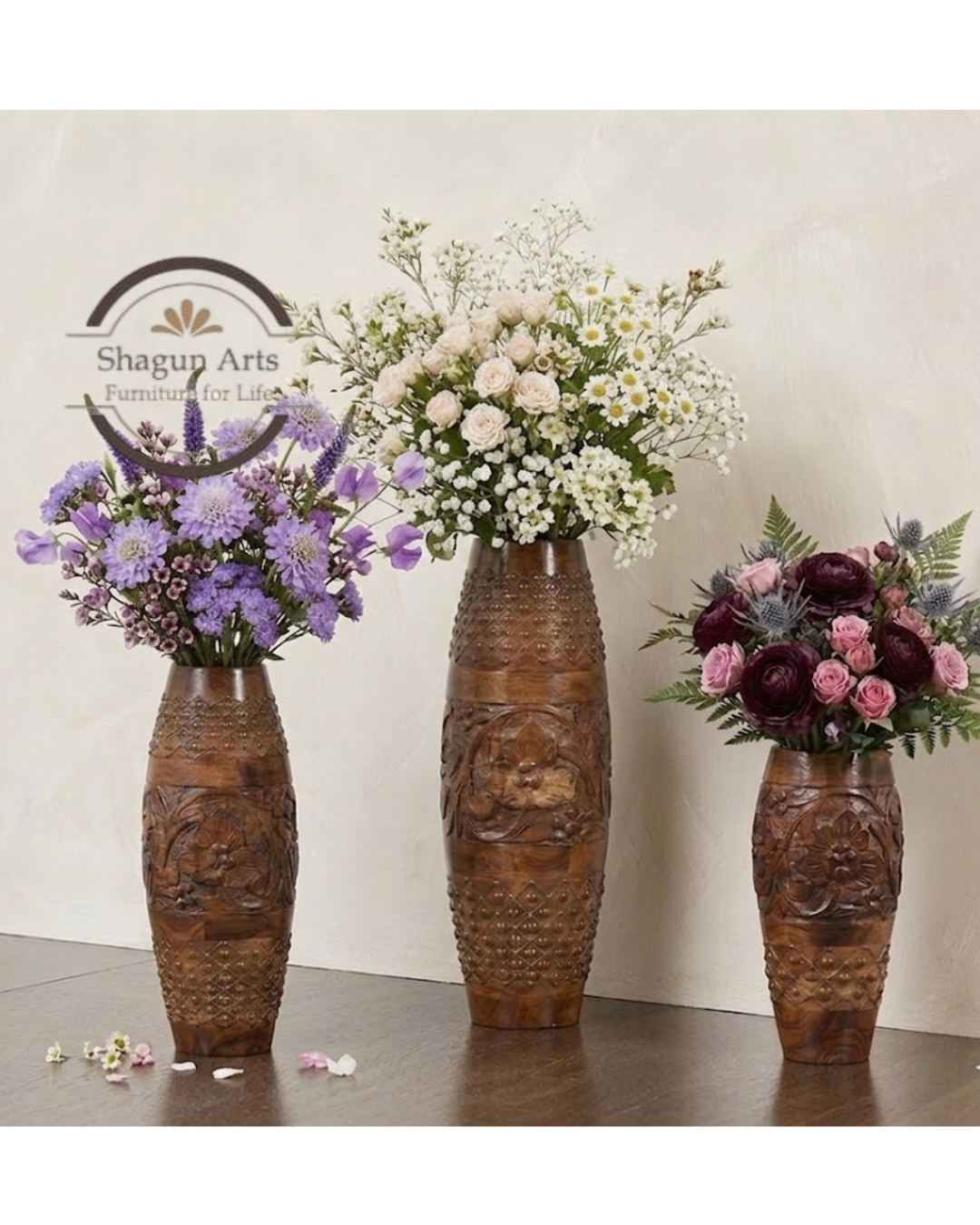 Handcrafted Wooden Decorative Vase Set with Floral Carving