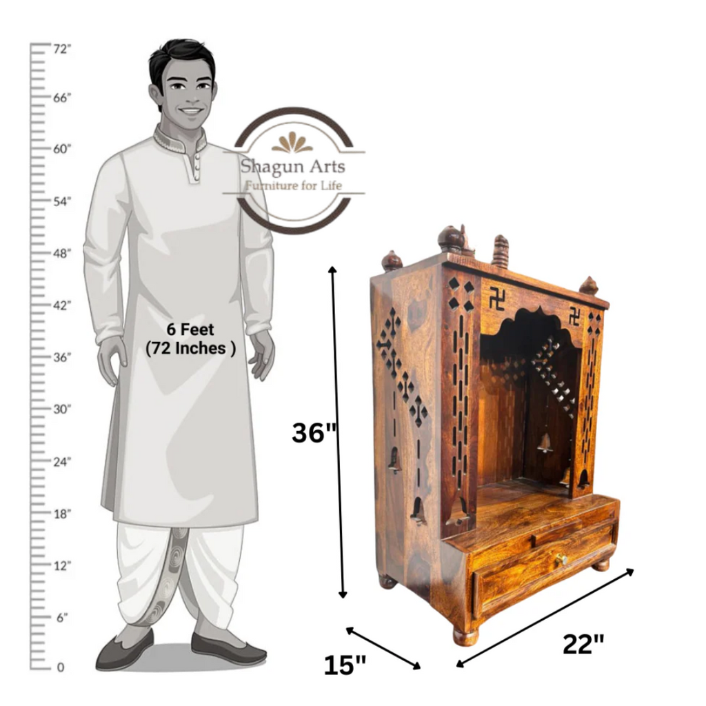 Handcrafted Wooden Pooja Mandir with 2 Drawers – Traditional Home Temple