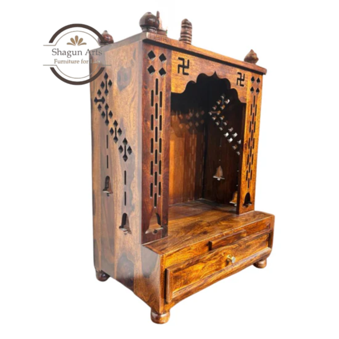 Handcrafted Wooden Pooja Mandir with 2 Drawers – Traditional Home Temple