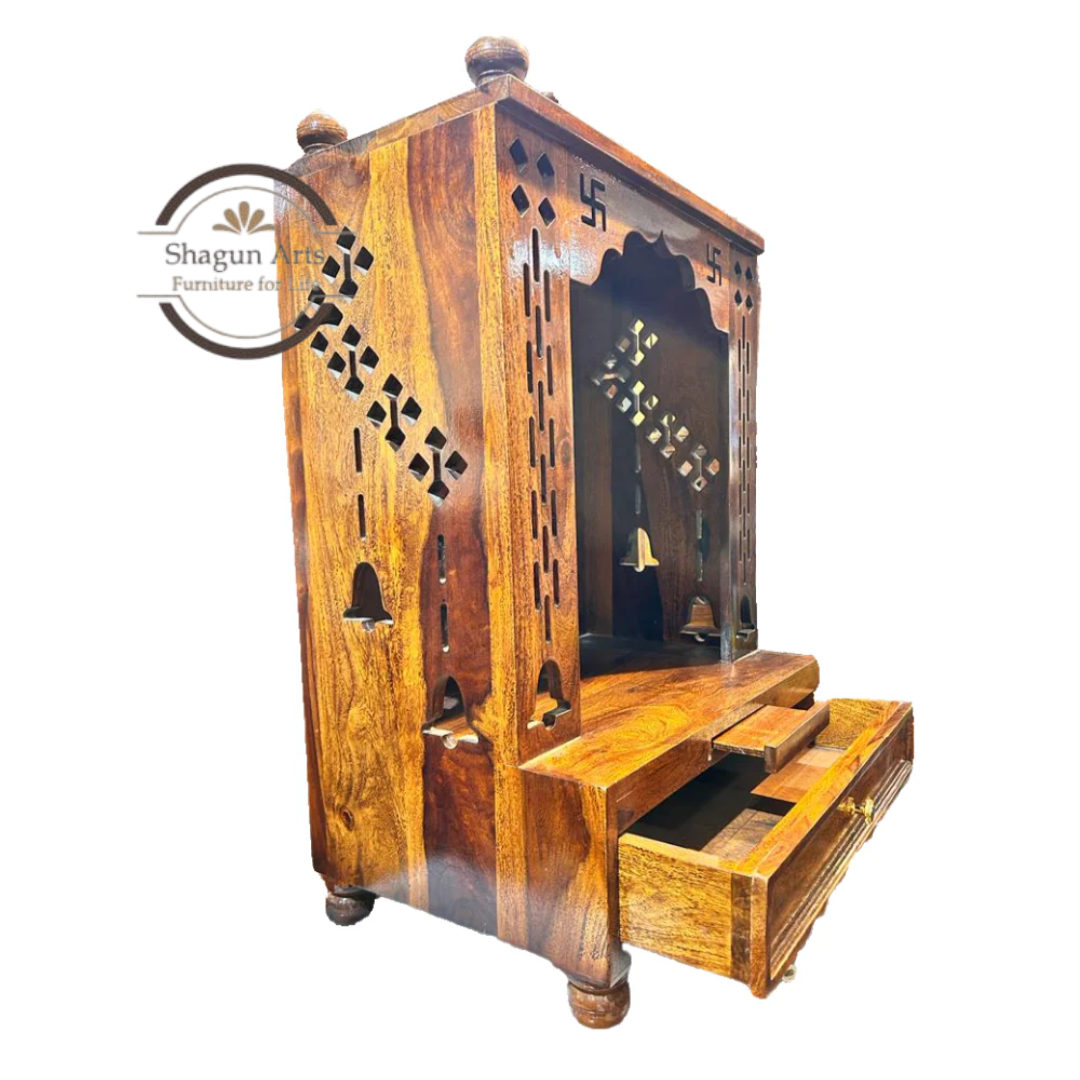 Handcrafted Wooden Pooja Mandir with 2 Drawers – Traditional Home Temple