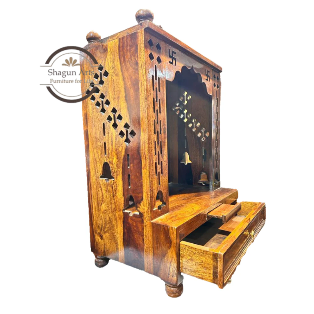 Handcrafted Wooden Pooja Mandir with 2 Drawers – Traditional Home Temple