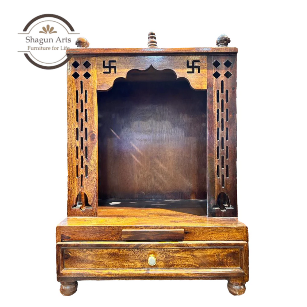 Handcrafted Wooden Pooja Mandir with 2 Drawers – Traditional Home Temple