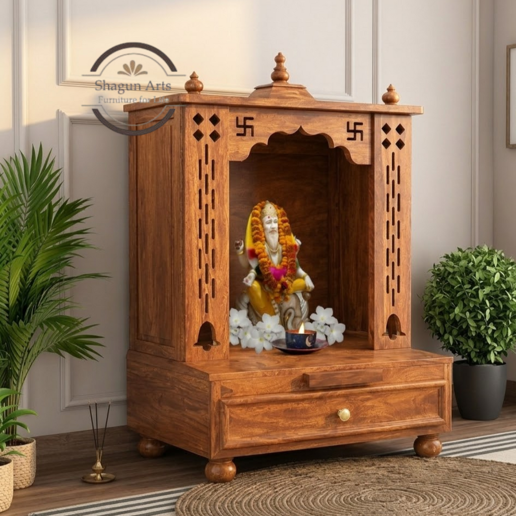 Handcrafted Wooden Pooja Mandir with 2 Drawers – Traditional Home Temple
