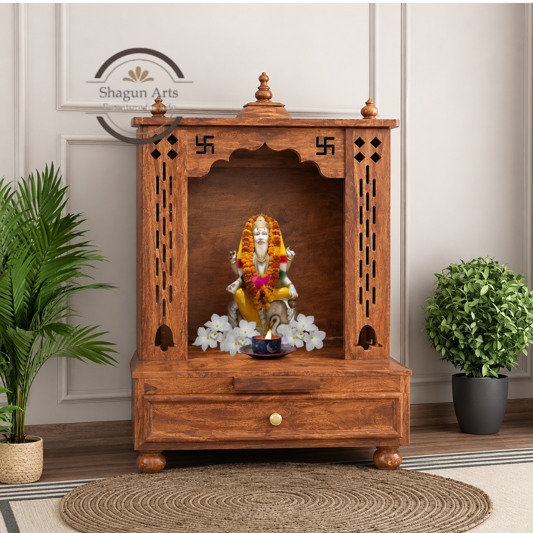 Handcrafted Wooden Pooja Mandir with 2 Drawers – Traditional Home Temple