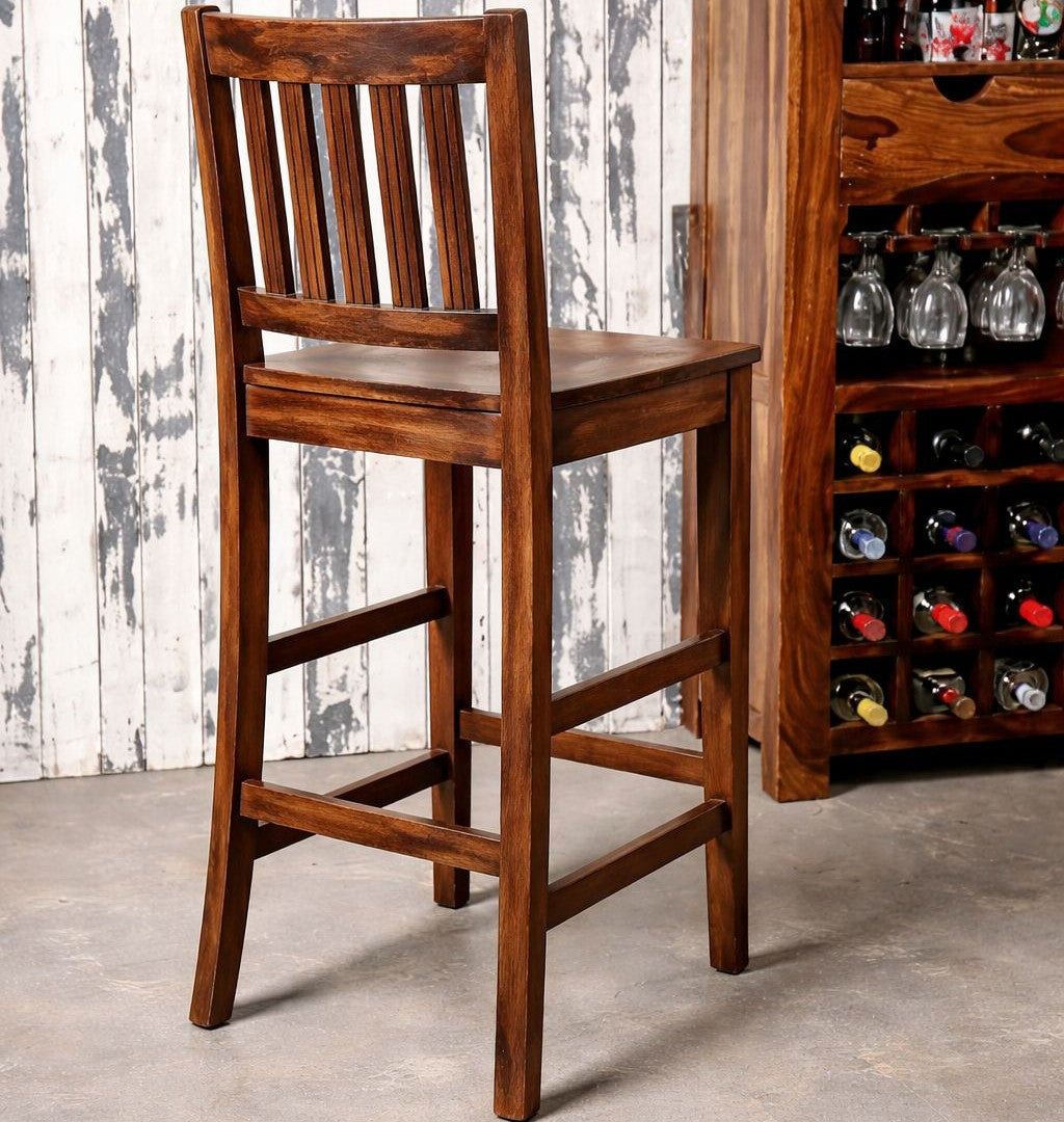 Benton Solid Sheesham  Wooden Bar Stool with Slatted Backrest