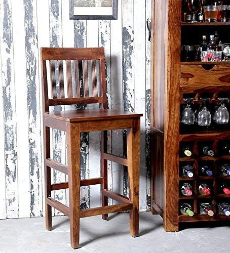 Benton Solid Sheesham  Wooden Bar Stool with Slatted Backrest