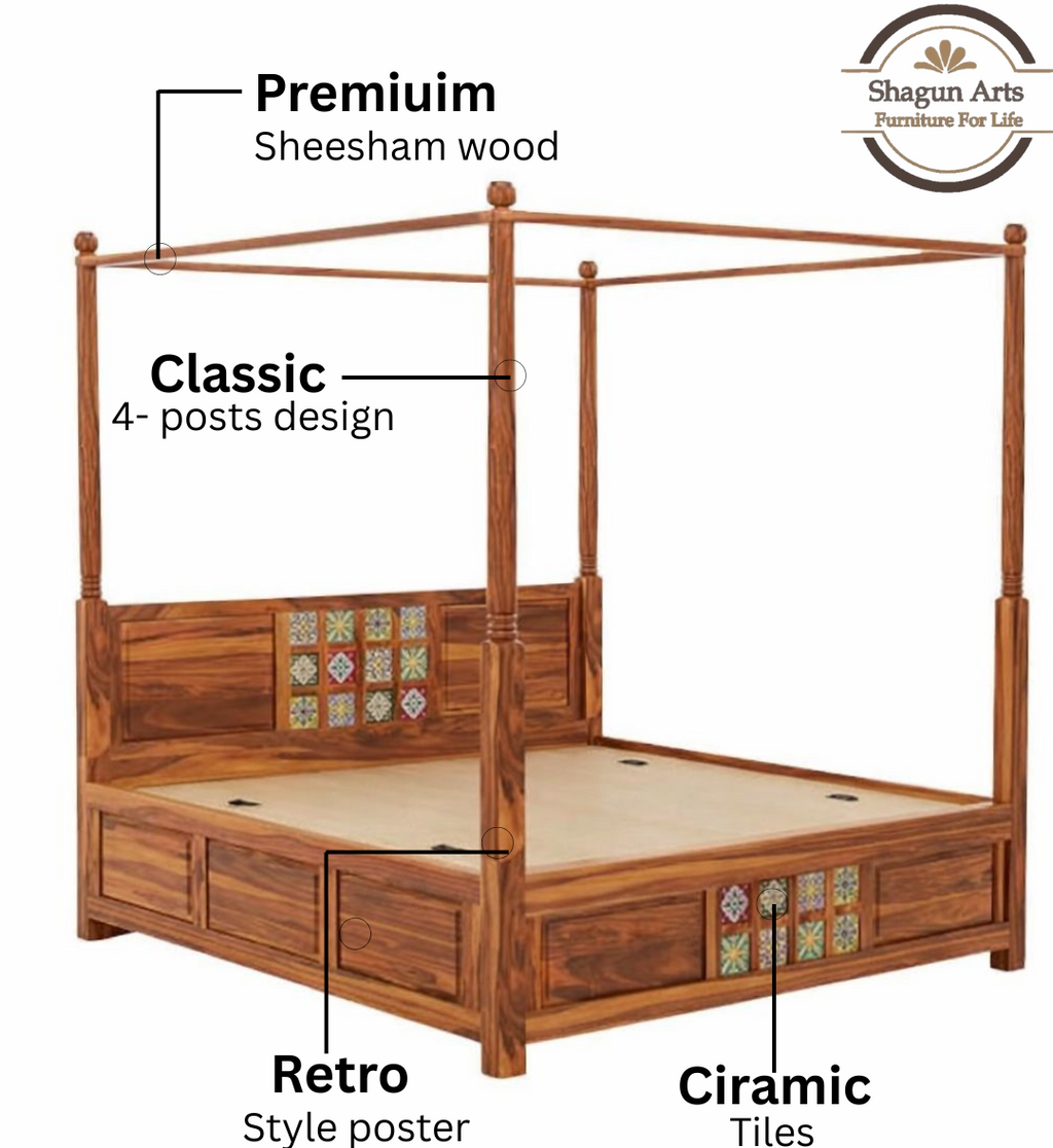 Solid Sheesham Wood King Size Poster Bed in Natural Finish