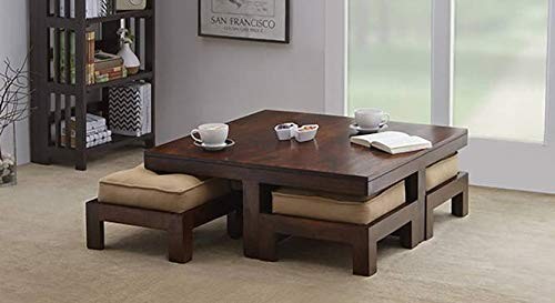 Petlin Wooden Center Table for Living Room with 4 Stools , Beige Cushions (Brown)