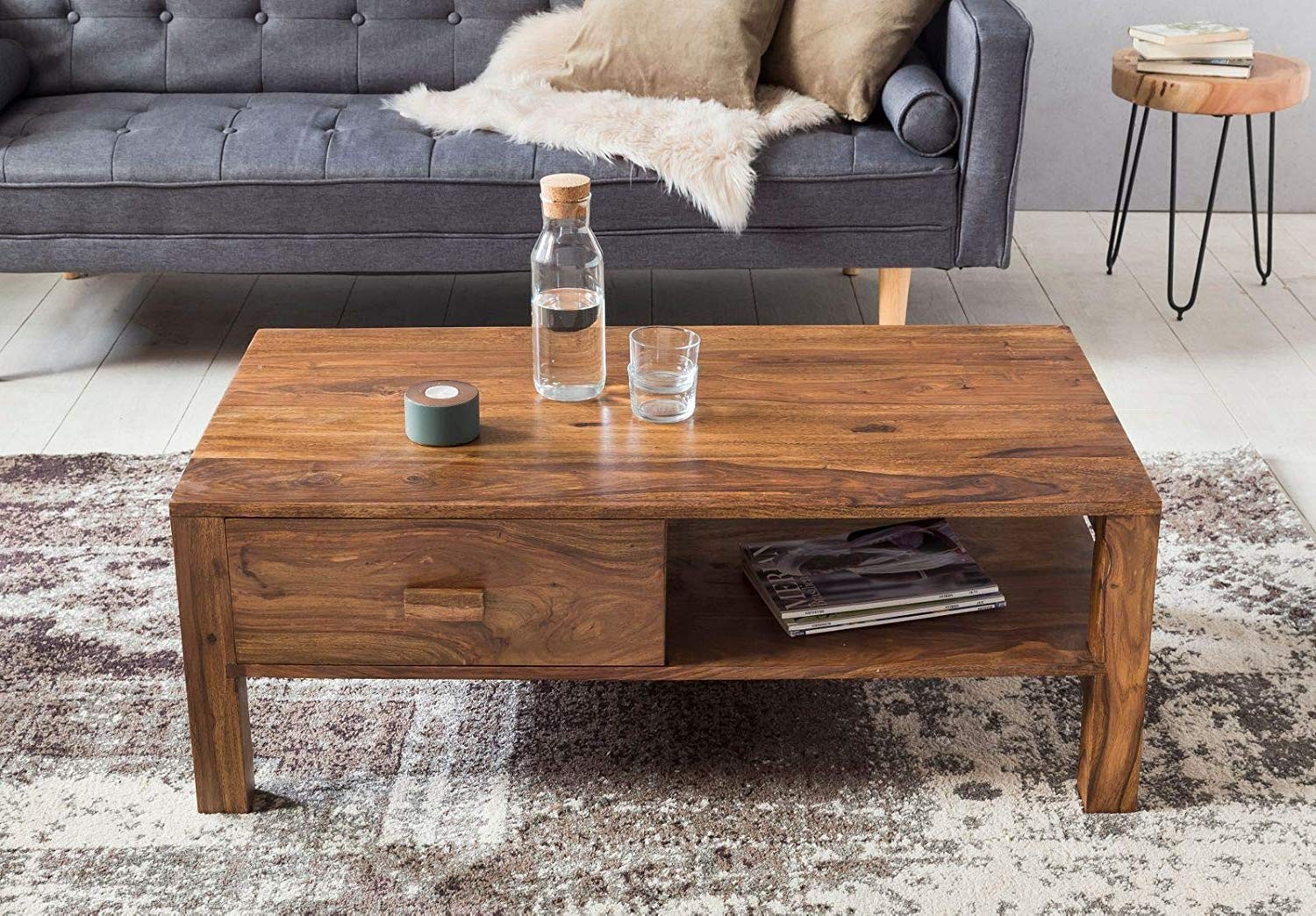 Hammond Wood Center Table | Coffee Table with 1 Drawer & 1 Shelve | Living Room Table with Drawer - Natural Honey Finish