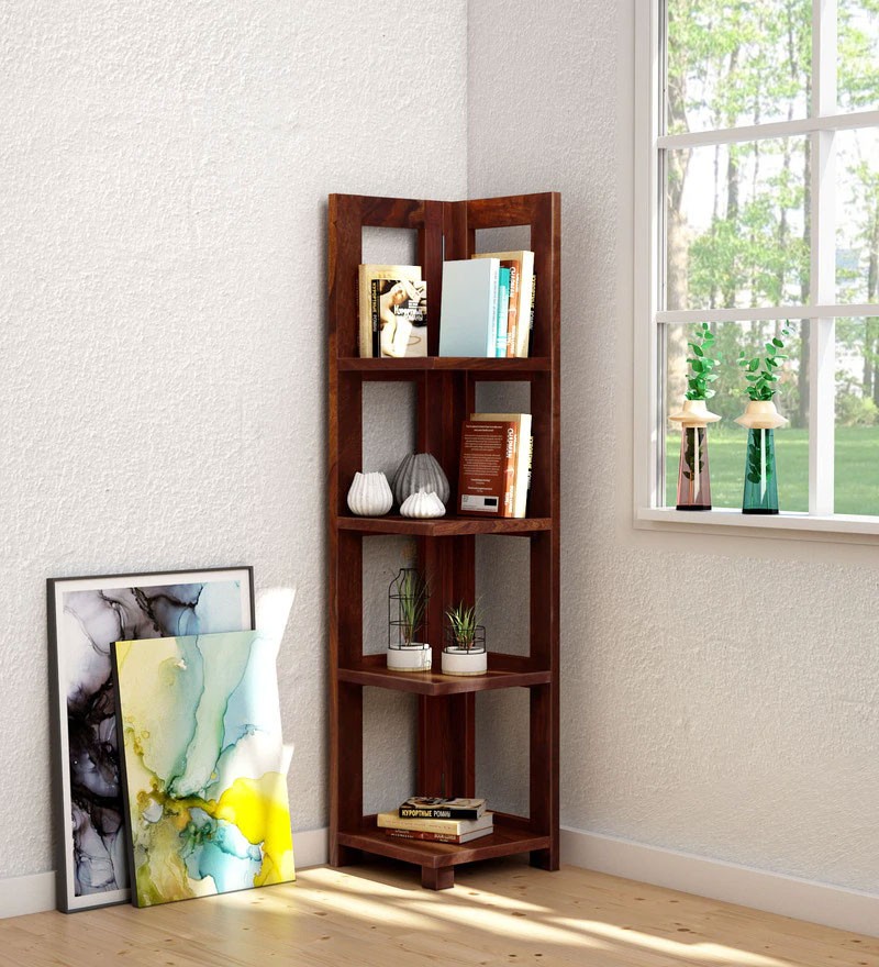 Severino Solid Wood Book Shelf In Honey, Wooden Book Shelf Designs