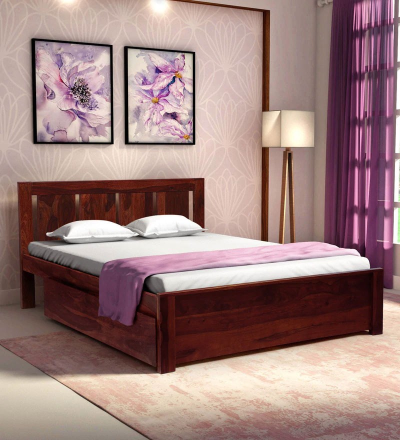 Adolph Solid Wood Queen Size Bed with Storage in Honey Oak Finish