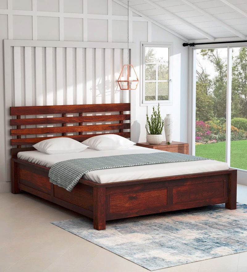 Drew Solid Wood King Size Bed With, King Size Oak Headboard With Shelves
