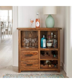 Nevil Bar Sheesham Wood Bar Cabinet | for Home & Living Room | Liquor Storage | with Wine Glass Storage | Brown