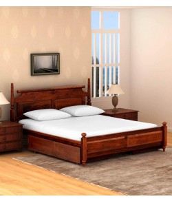Trundle Bed Wood Queen Size Bed with Storage in Honey Oak Finish