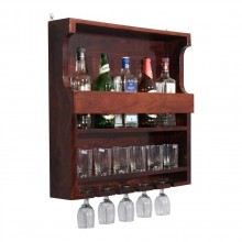 Wooden Wall HangingEster Bar  Design Bar | Bar Cabinets for Home | Mini Bar for Home | Solid Wood Make Wine Storage Cabinet with Glass Hanging Space-Mahogany Finish